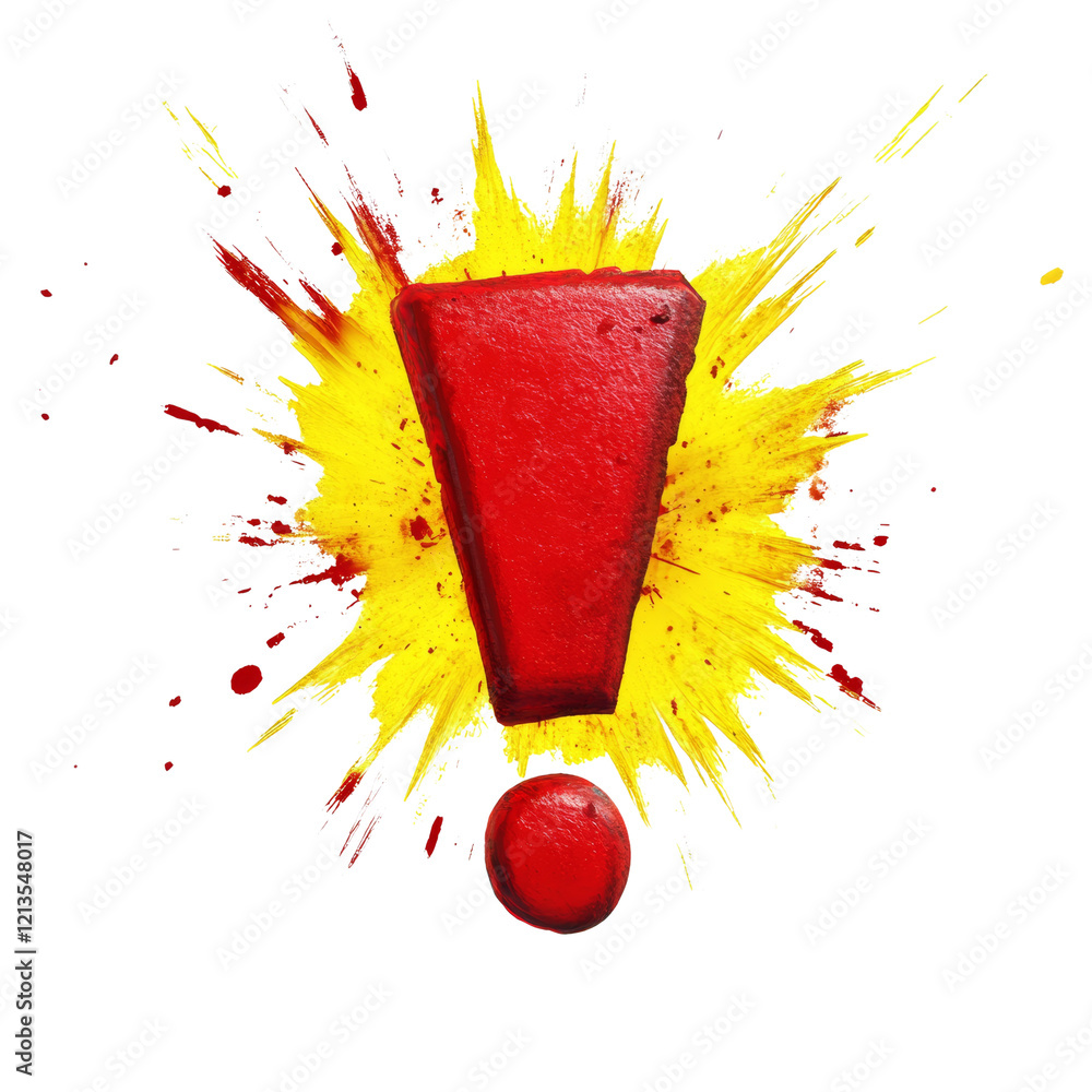 Poster an abstract painting depicts a red exclamation mark surrounded by a yellow paint explosion symbolizi