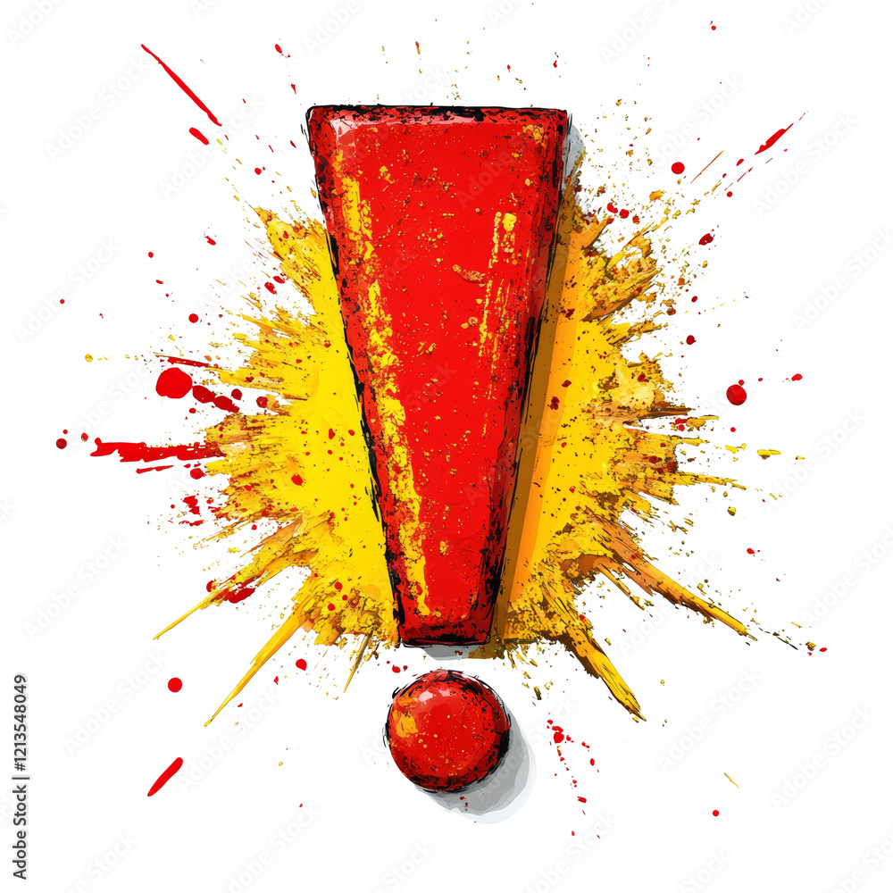 Aufkleber A red exclamation mark is depicted within a vibrant yellow paint splatter creating a dynamic and attention-grabbing visual.