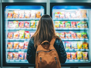 Backside of a student standing at a vending machine in a campus lounge, colorful snacks visible inside