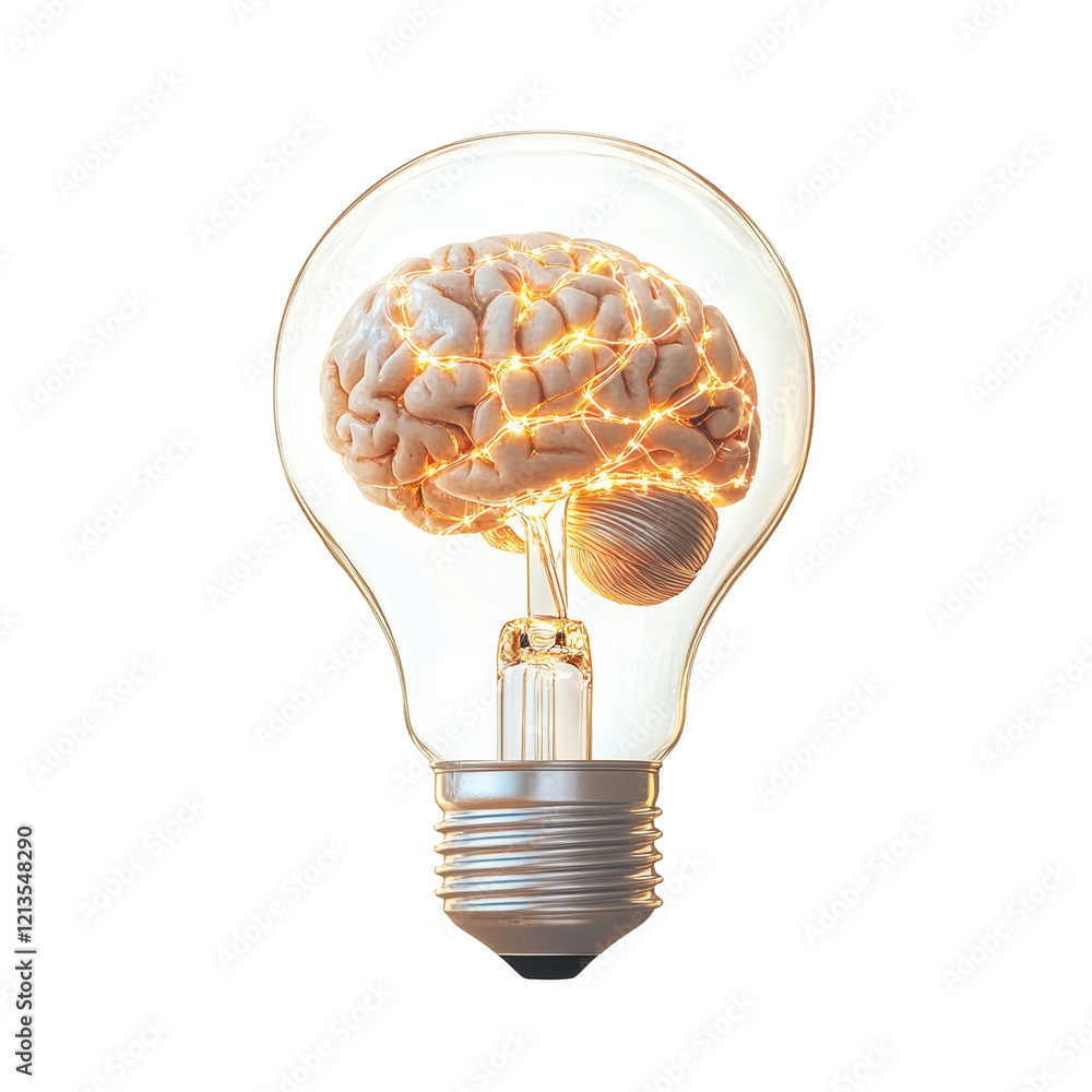 Poster The image depicts a human brain inside a light bulb glowing with light representing ideas and intelligence.
