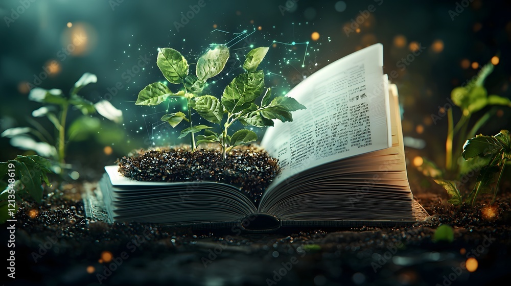 Poster a richly detailed open book with its pages transforming into a thriving field of crops surrounded by