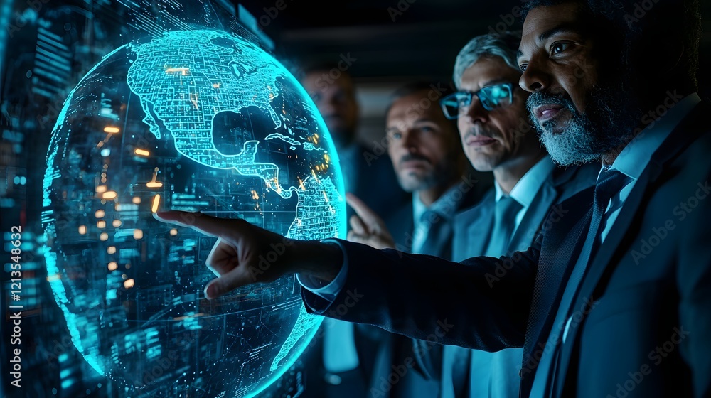 Poster a group of professional business leaders or experts pointing at a futuristic digital holographic glo