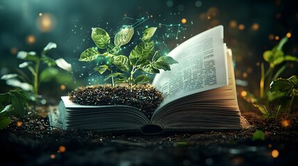 A richly detailed open book with its pages transforming into a thriving field of crops surrounded by holographic visuals of climate data seed genetics and cutting edge farming machinery