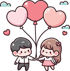 Cute heart-shaped balloons floating in the air with a happy couple holding hands. Happy Valentine's Day.