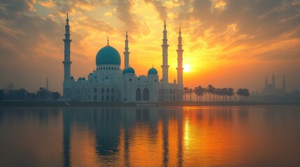 Naklejka premium Sunrise Mosque Reflection, Lake, Peaceful Dawn, Travel