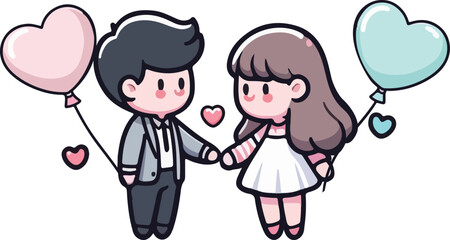 Cute heart-shaped balloons floating in the air with a happy couple holding hands. Happy Valentine's Day.