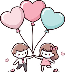 Cute heart-shaped balloons floating in the air with a happy couple holding hands. Happy Valentine's Day.