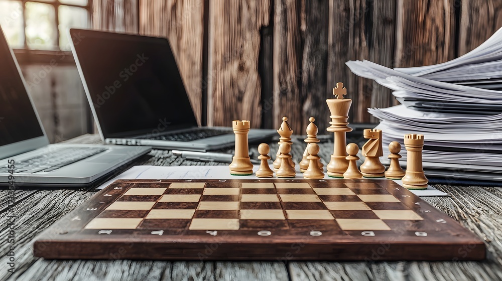 Poster a chess board placed on a table surrounded by piles of business documents and open laptop computers 