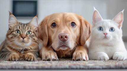 Friendly pets, dog and cats indoors, home, furry friends, family pet image for pet adoption campaigns