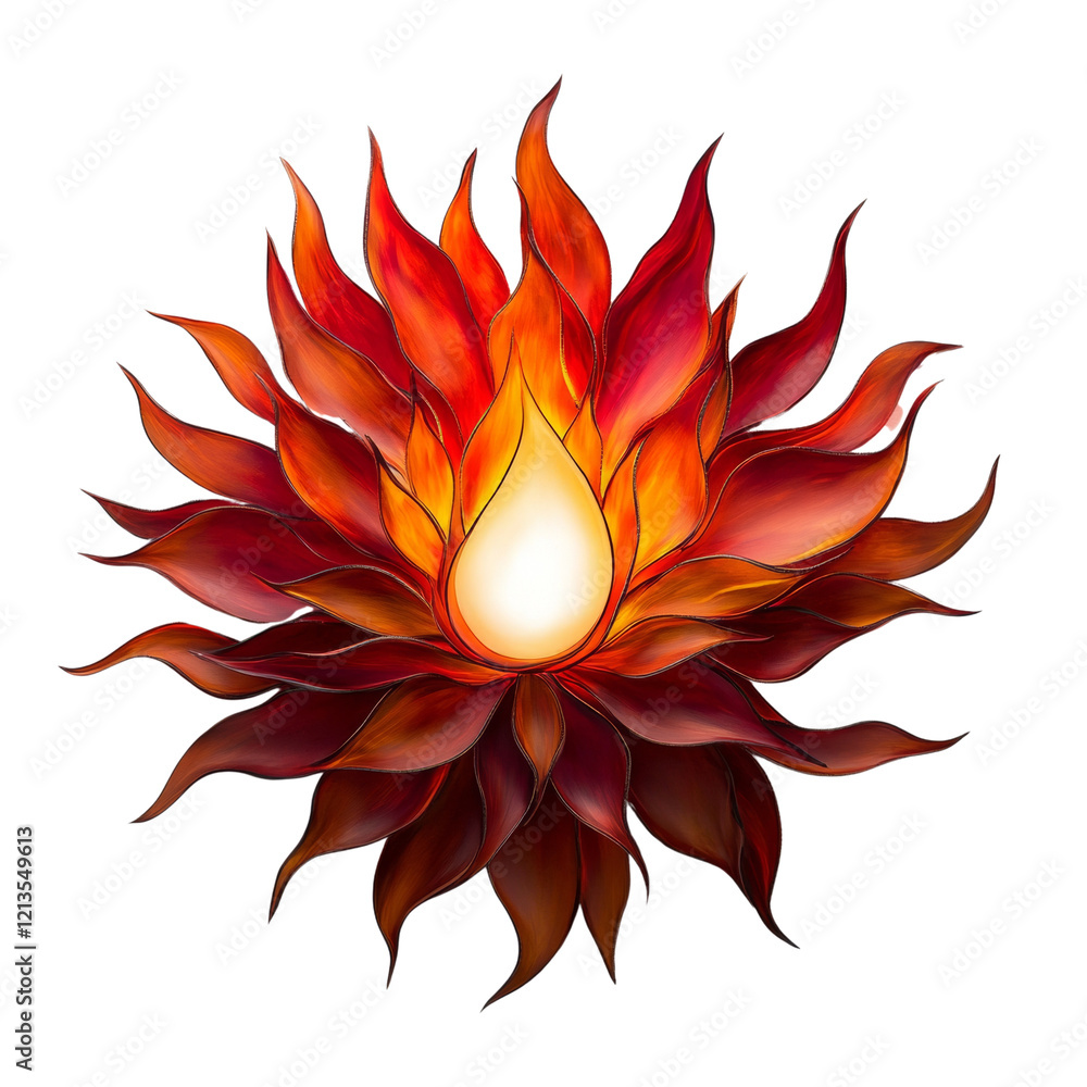 Poster a handcrafted lamp shaped like a fiery red flower with a warm central light source.