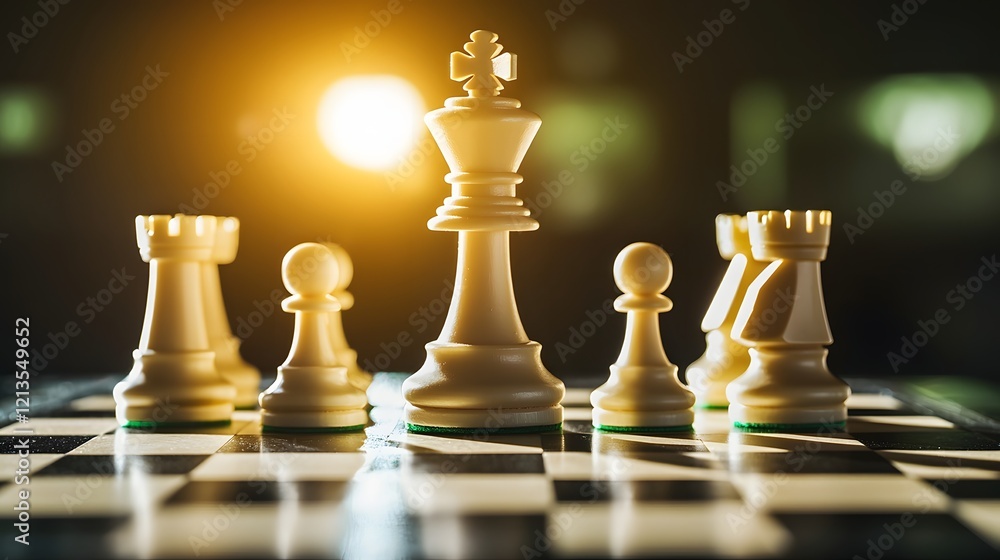 Poster close up of a checkmate position on a chessboard with soft lighting illuminating the chess pieces re