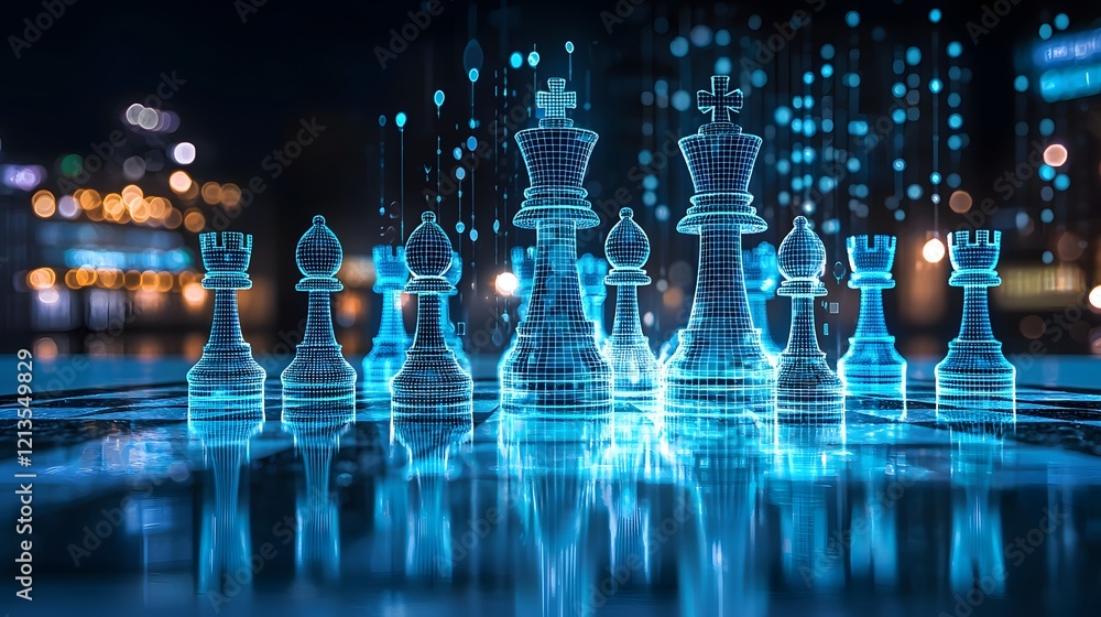 Poster holographic chess game representing futuristic business goals and strategies conceptual image showin