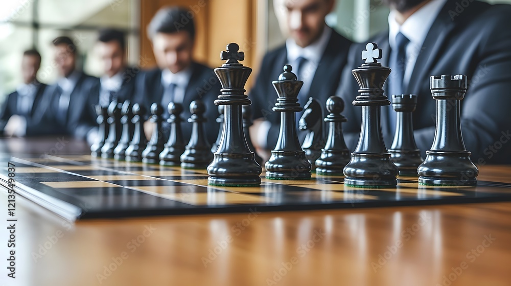 Poster group of business professionals analyzing a large chess board on a conference table conceptualizing 