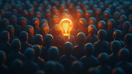 Obraz premium A glowing light bulb stands out among a crowd of shadowy figures, symbolizing innovation, ideas, and inspiration amidst uniformity.