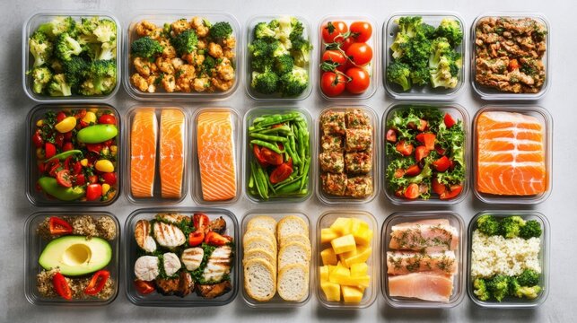A well-organized healthy meal prep, with a variety of balanced meals in containers, promoting efficient and nutritious meal planning