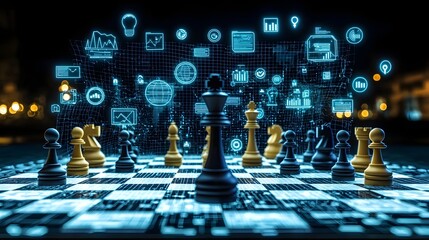 Futuristic chessboard with chess pieces surrounded by holographic business icons symbolizing strategic decisions digital transformation and data driven leadership
