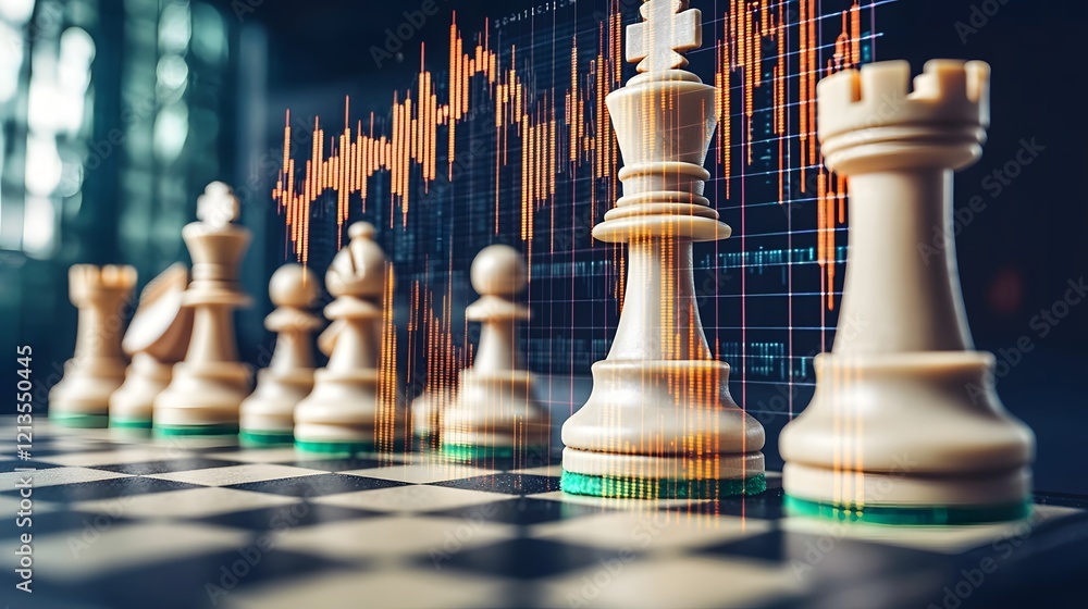 Poster close up view of a digital chess game board featuring financial data overlays symbolizing the strate