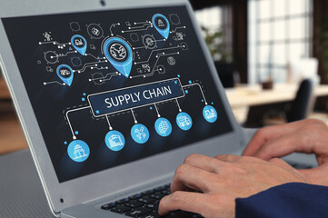 Detailed Supply Chain Icon Concept on Laptop Screen with Graphics Logistic supply chain