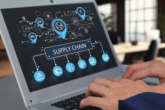 Detailed Supply Chain Icon Concept on Laptop Screen with Graphics Logistic supply chain