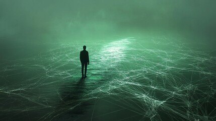 Obraz premium A lone figure stands on a misty, green-lit surface, creating an eerie and atmospheric scene filled with mystery and intrigue.
