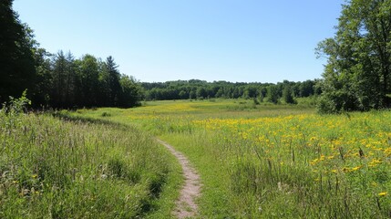 Fototapeta premium trail through a vibrant meadow, perfect for a summer hike under a clear sky