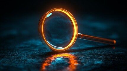 A glowing magnifying glass rests on a reflective surface, emitting a warm light against a cool blue background, creating a captivating visual contrast.