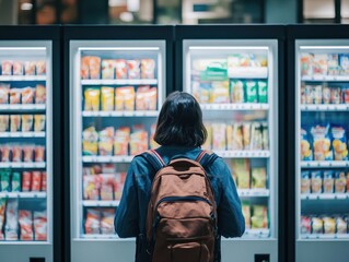 Backside of a student standing at a vending machine in a campus lounge, colorful snacks visible inside