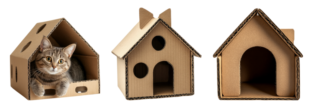 Cat sitting inside a cardboard house on a transparent background