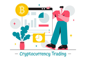 Cryptocurrency Trading Vector Illustration featuring a Pile of Coins, a Digital Currency Wallet, Blockchain Technology, and Bitcoin in a Background
