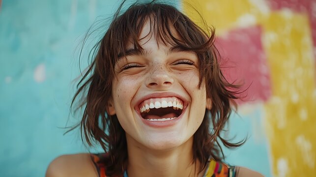 Close up portrait of a young vibrant individual with a wide genuine smile and sparkling eyes conveying a sense of pure unrestrained happiness and delight