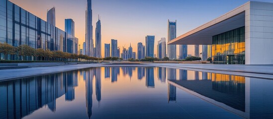 Obraz premium Dubai Skyline Reflection: Modern Architecture at Dawn