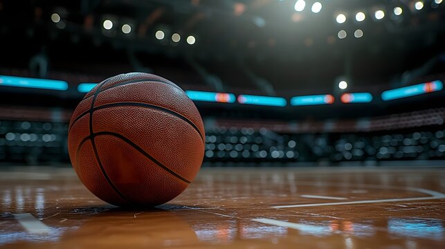 Close up shot of a single orange basketball resting on the wooden hardcourt floor of an empty indoor stadium or arena ready for a professional sports competition or game to begin - Powered by Adobe