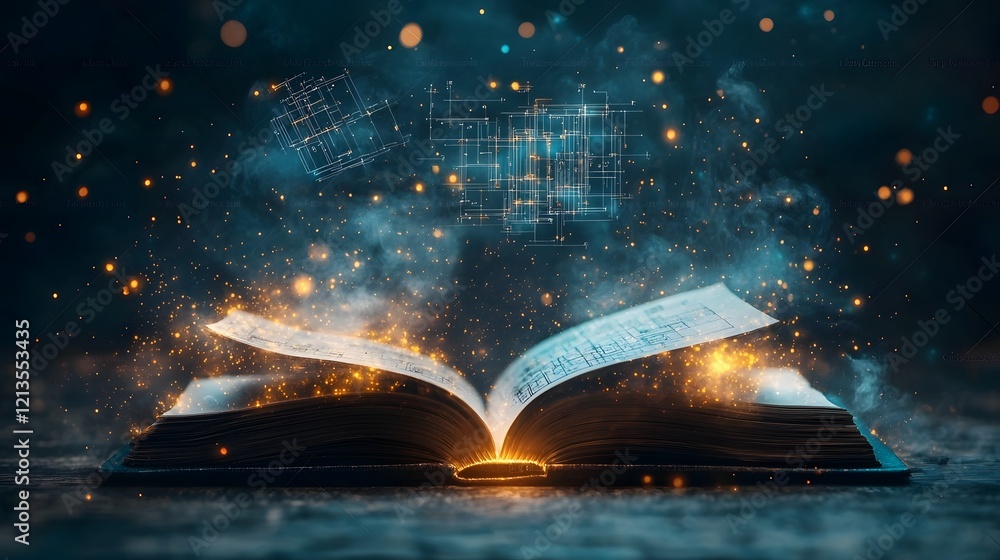 Poster a magical open book with glowing pages unveiling the intricacies of a construction site complete wit