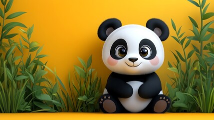 A cute, cartoon-style baby panda sits serenely amidst lush green foliage against a bright yellow background, creating a cheerful and playful scene