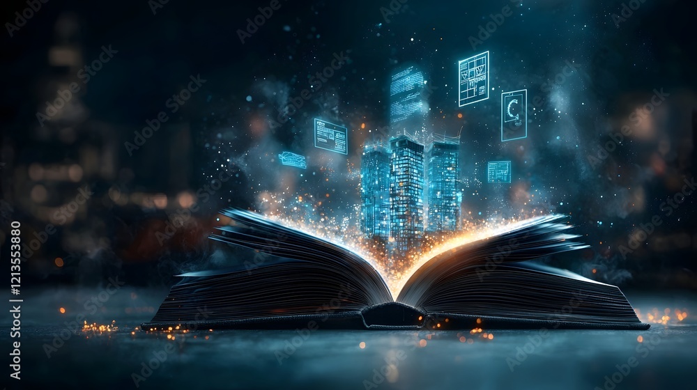 Poster futuristic open book glowing with vibrant light its pages showcasing an advanced construction site w