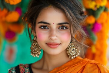 Fototapeta premium Young woman wearing bright orange dress and earrings posing outdoors in natural light