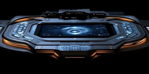 Futuristic spaceship control panel with glowing orange accents and a central screen displaying a swirling blue energy pattern.