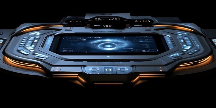 Futuristic spaceship control panel with glowing orange accents and a central screen displaying a swirling blue energy pattern. - Powered by Adobe