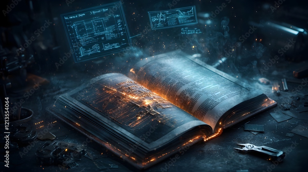 Poster mystical engineering tome with glowing pages depicting a meticulous bridge building project over a r