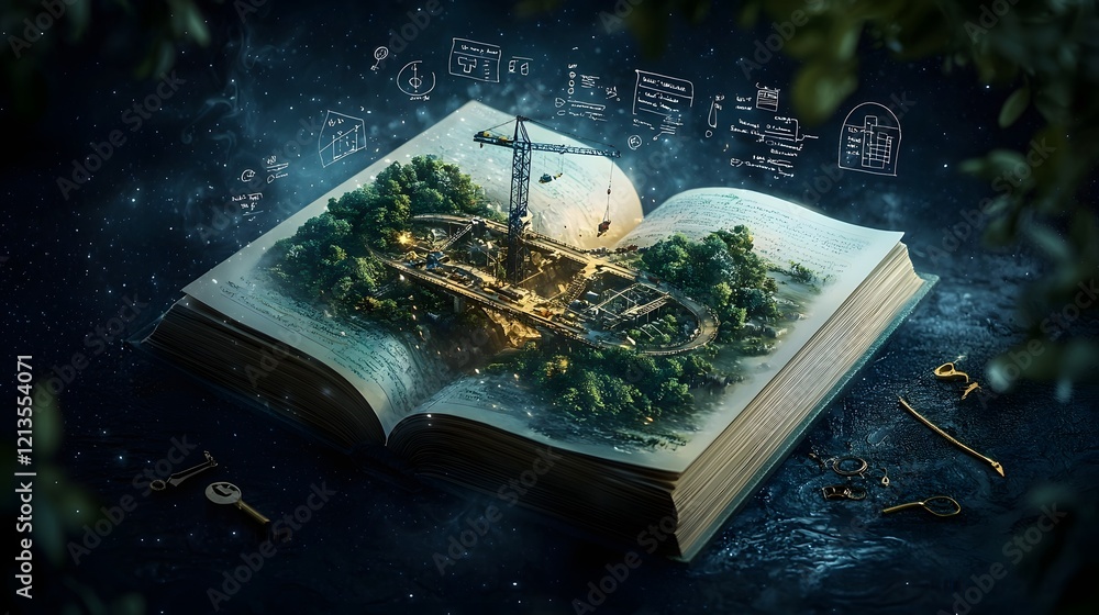 Poster a mystical book with glowing pages showcases a detailed bridge building project over a river complet