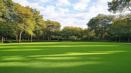 Green grass field lawn background. Vibrant sunny park ideal for themes of spring, earth day or outdoor leisure activities.