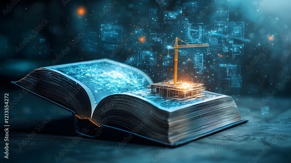 Poster a glowing open book transforms into a dynamic construction site featuring modular building systems p