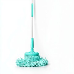 Green broom with a long handle on a plain white background for cleaning and home use