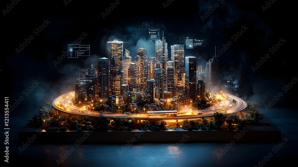 Poster illuminated book projecting a vibrant holographic cityscape with skyscrapers roads and tunnels under