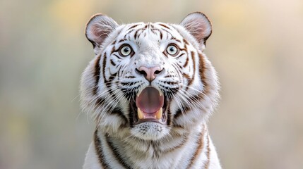 Fototapeta premium White tiger roaring with its mouth wide open in a close-up portrait during the day.