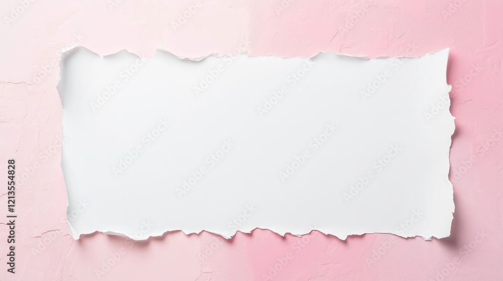 Poster ripped paper frame on pink: a blank sheet of white paper is torn and adhered to a pink background, c