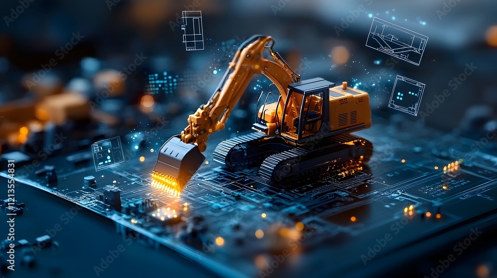 Poster an open book glows with energy revealing a sophisticated construction site featuring advanced automa