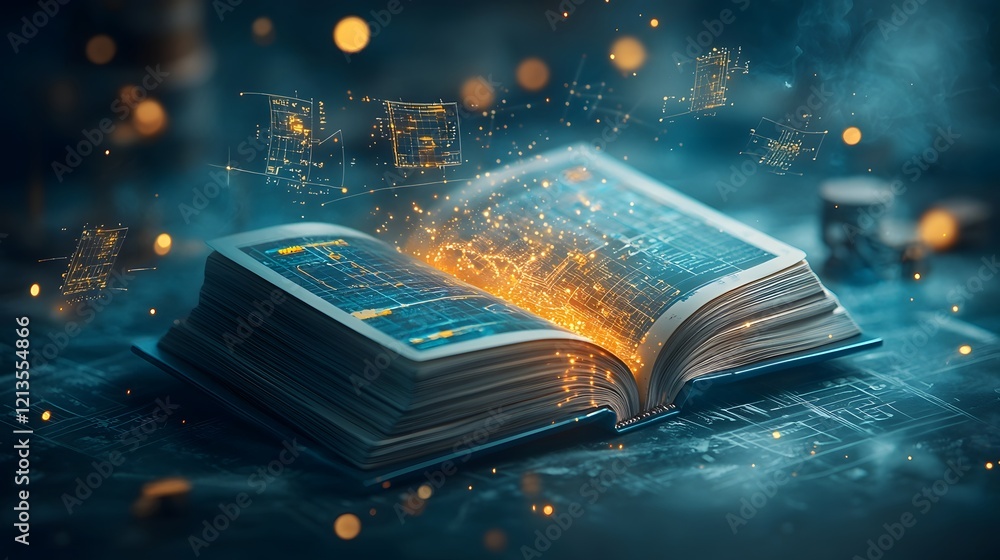 Poster glowing open book revealing a smart construction site featuring advanced automated machinery structu