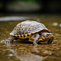 Fototapeta premium Turtle Walking Slowly in a Small Puddle of Water | Generative AI