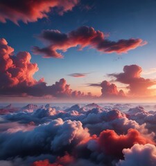 Fototapeta premium Blue and red cloudy sky with stratus clouds and a few threads of mist, clouds, thread, mist